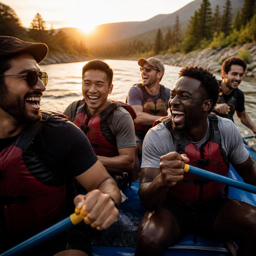 A group of men laughing together on a rafting trip at sunset